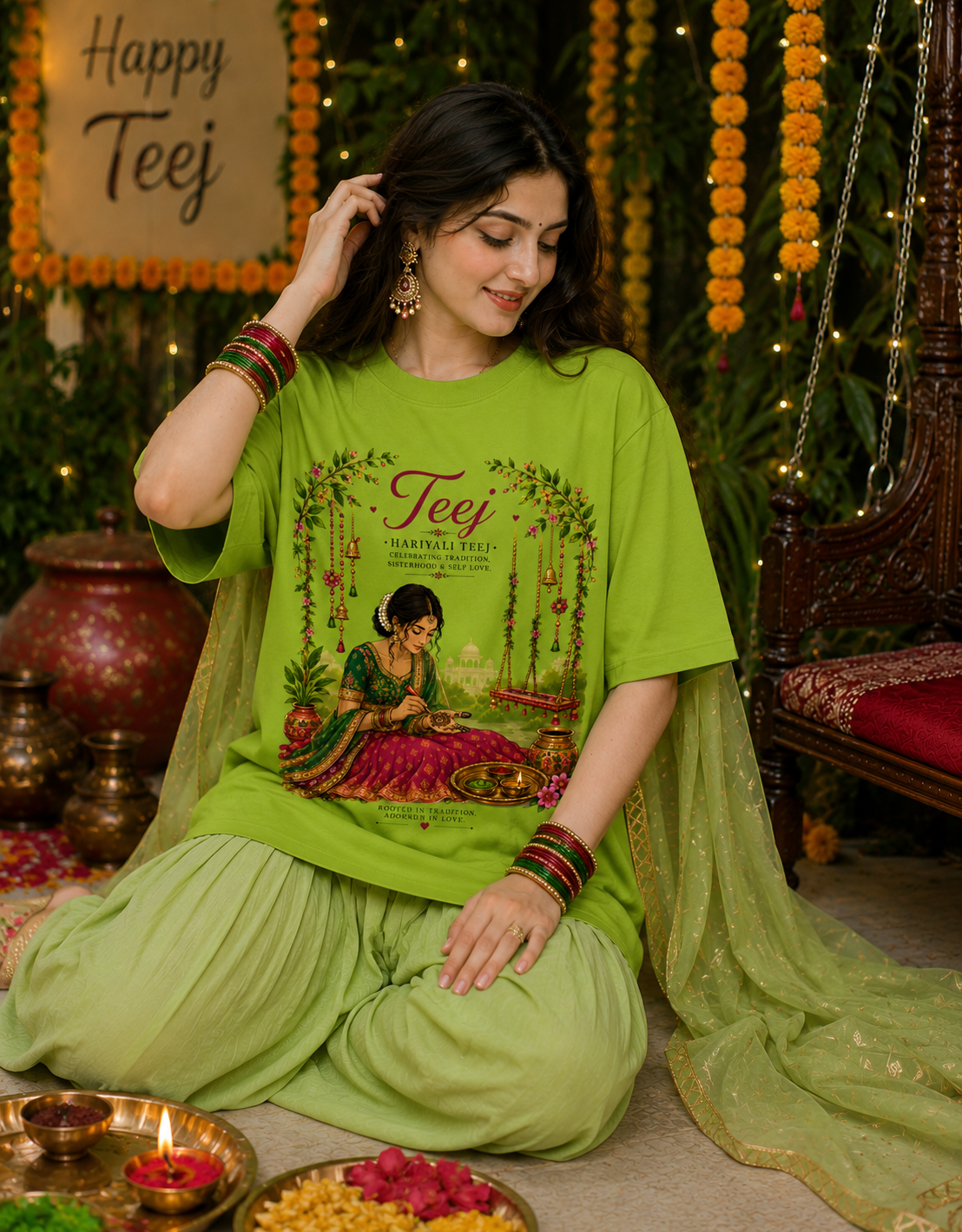 Fair Indian woman wearing DORENIQUE Hariyali Teej oversized green graphic T-shirt paired with traditional salwar during Teej festival celebration
