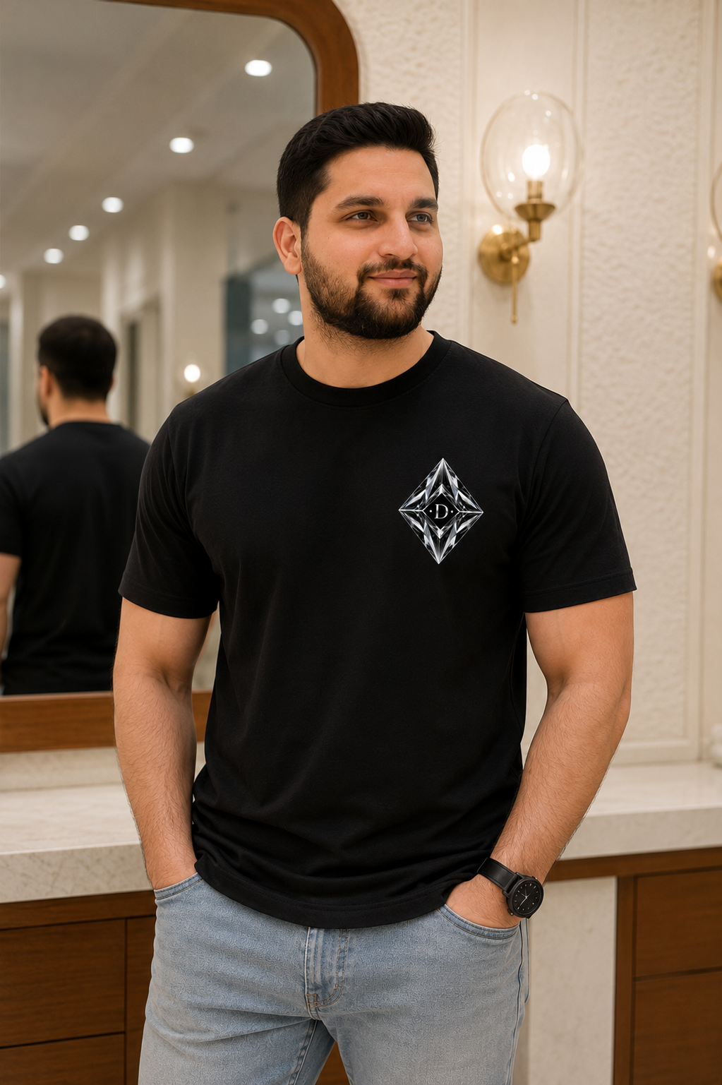 Black oversized t-shirt with crystal diamond D logo on chest by Dorenique