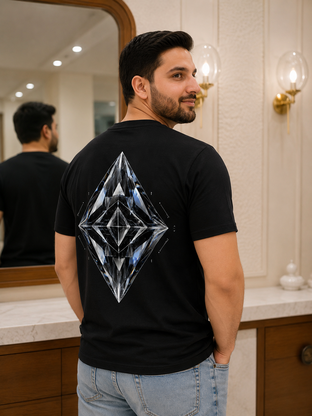 Male model wearing Dorenique black oversized crystal logo t-shirt