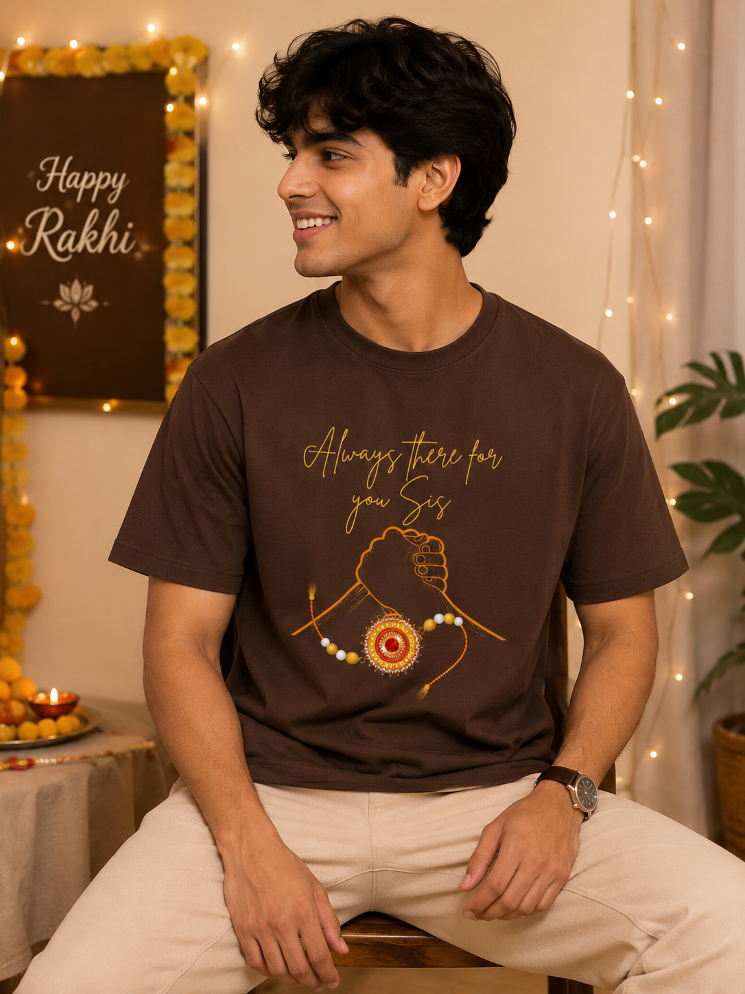 Man wearing chocolate brown oversized Raksha Bandhan T-shirt for brothers with Always There For You Sis graphic