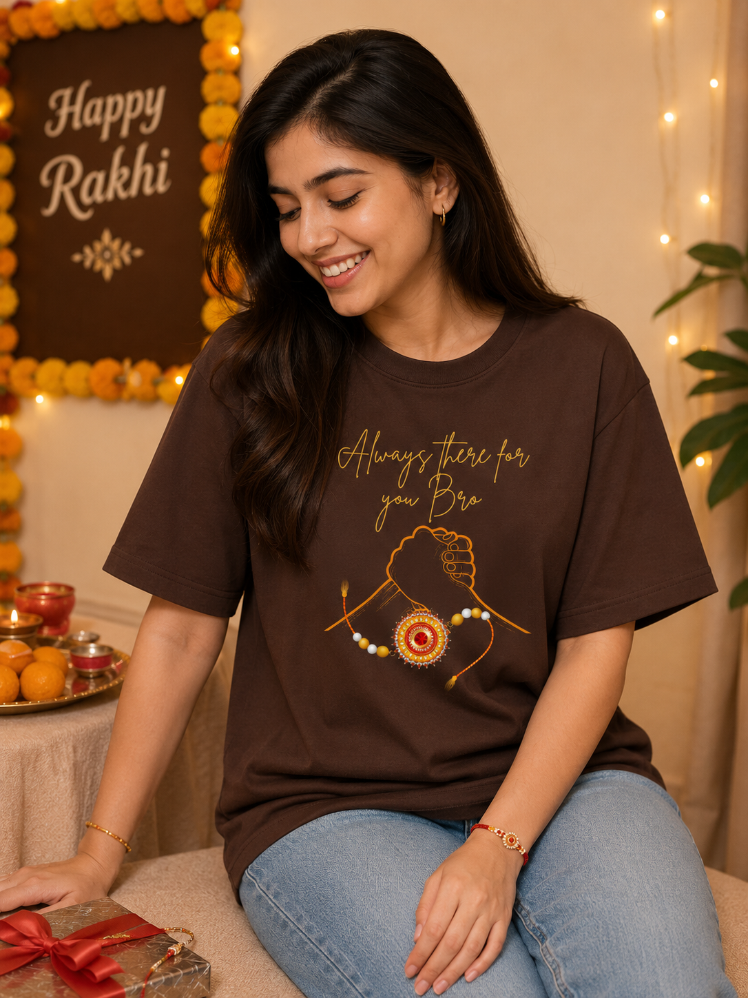Woman wearing chocolate brown oversized Raksha Bandhan T-shirt for sisters featuring Always There For You Bro graphic