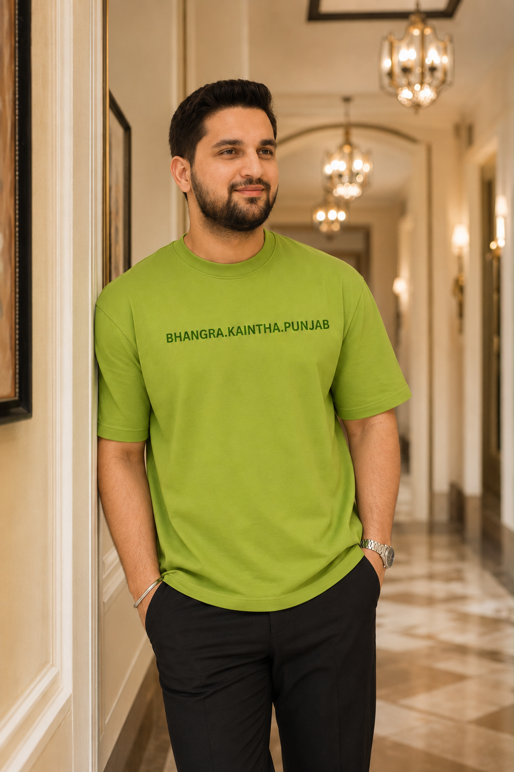 Bhangra Kaintha Punjab oversized green t-shirt with minimal typography by Dorenique