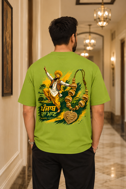 Male model wearing Bhangra Kaintha Punjab oversized green t-shirt back view sitting pose