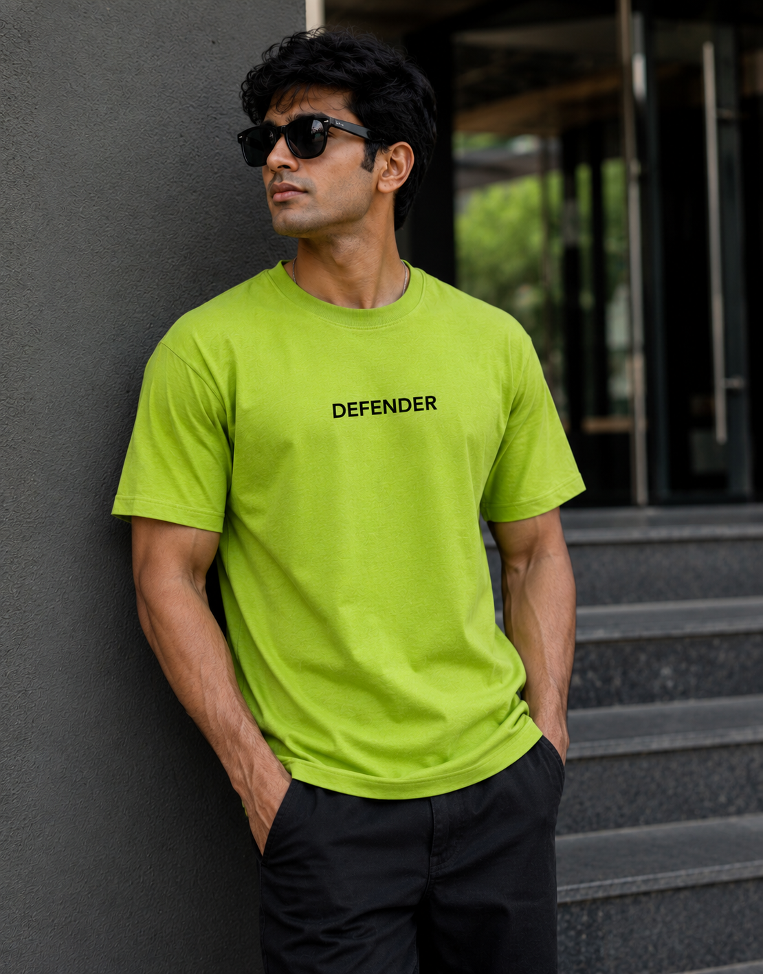 DORENIQUE Defender oversized lime green t-shirt with minimalist Defender logo for men