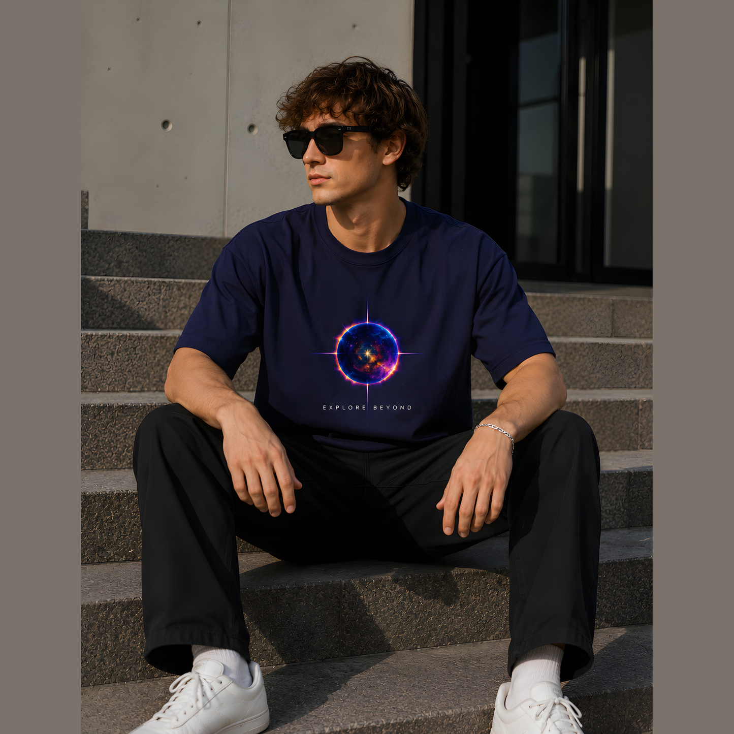 Person wearing a dark blue t-shirt with a graphic design, sitting on steps outdoors.