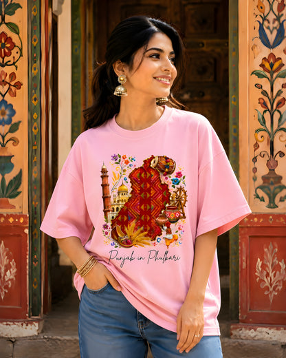 Phulkari-inspired artwork on women's graphic tee
