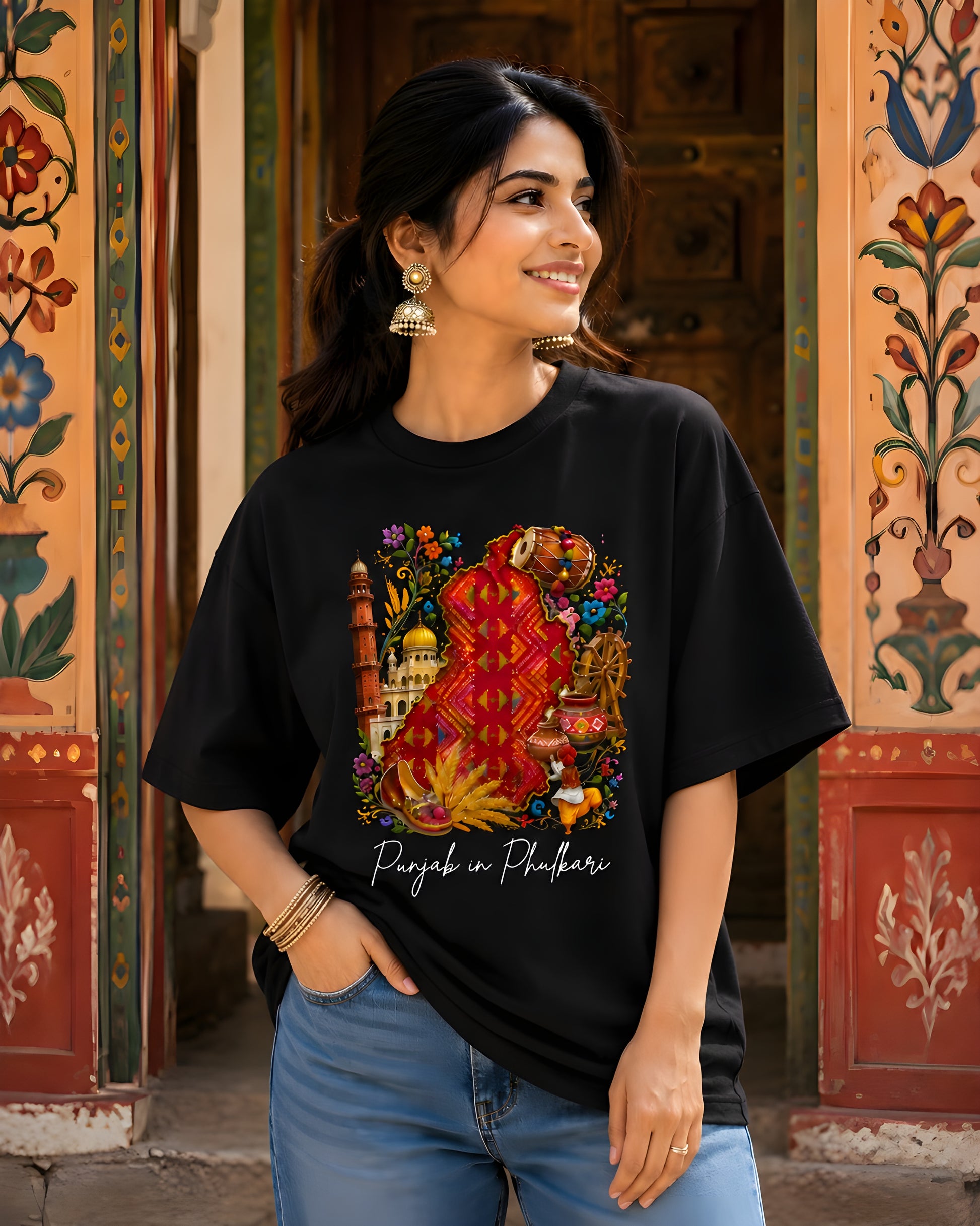 Female model wearing Punjabi heritage graphic t-shirt