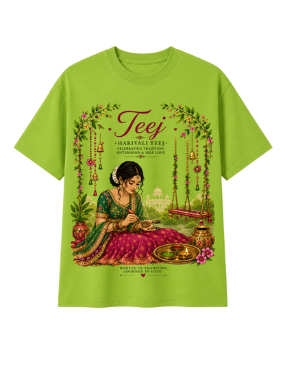 Hariyali Teej festival oversized T-shirt for women with premium cotton comfort and festive design