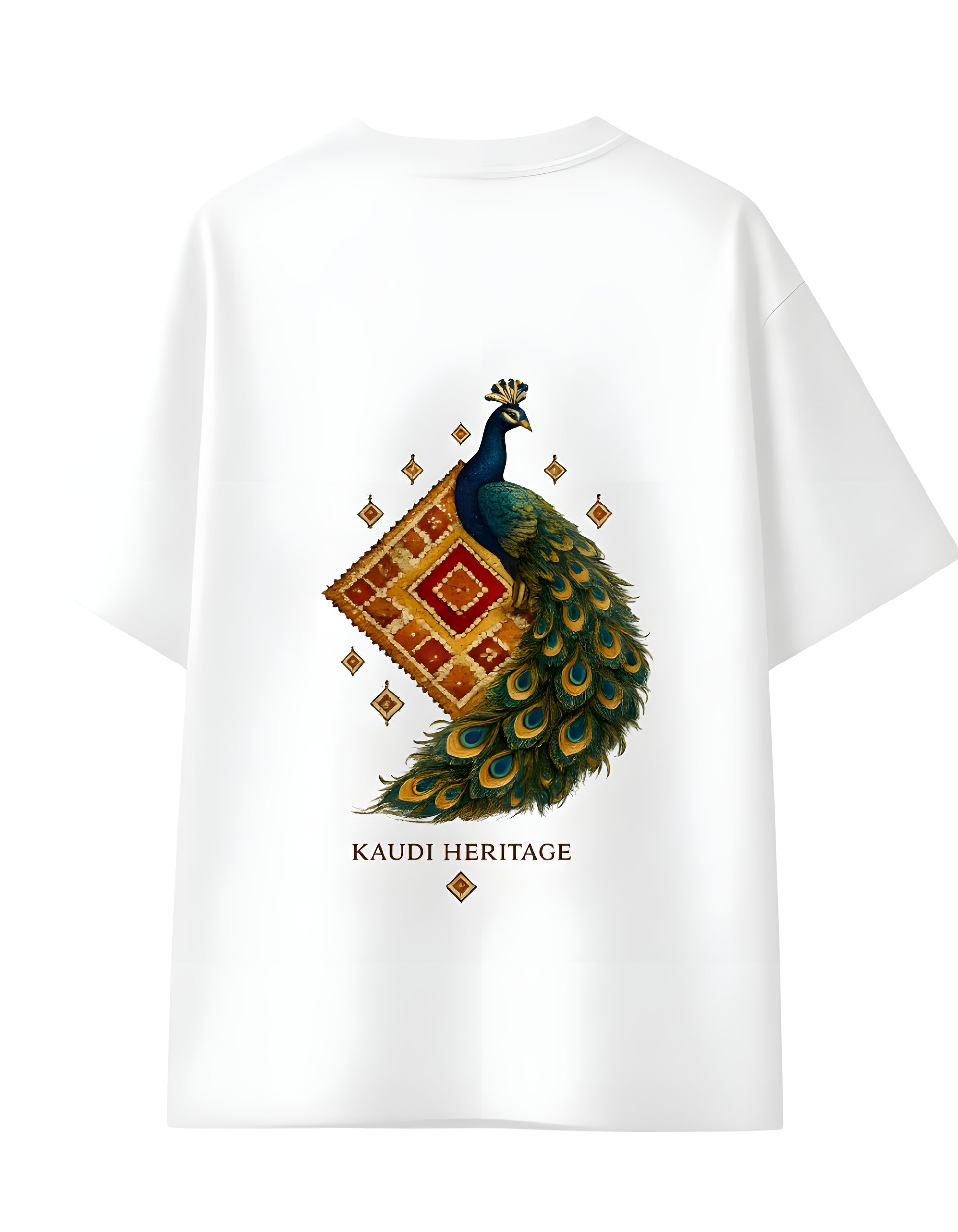 Detailed peacock artwork on oversized heritage t-shirt