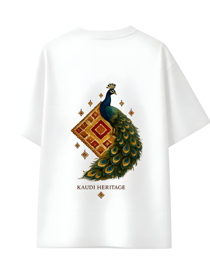 Detailed peacock artwork on oversized heritage t-shirt