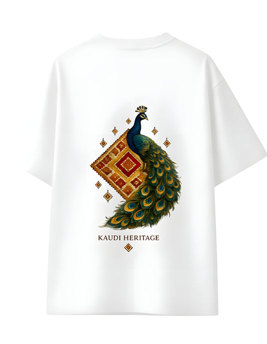 Detailed peacock artwork on oversized heritage t-shirt
