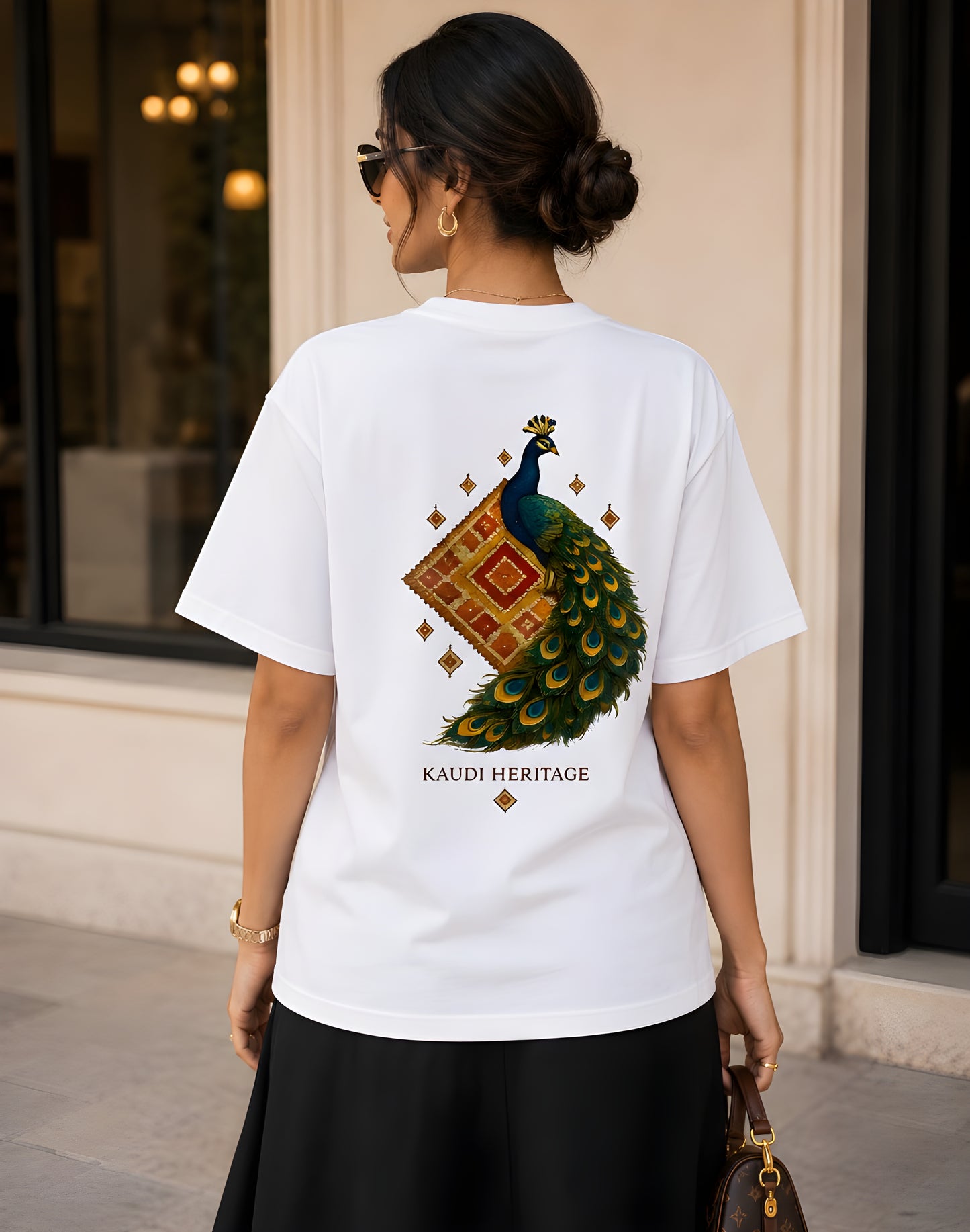 Female model wearing Punjab heritage oversized tshirt