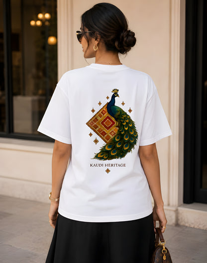 Female model wearing Punjab heritage oversized tshirt