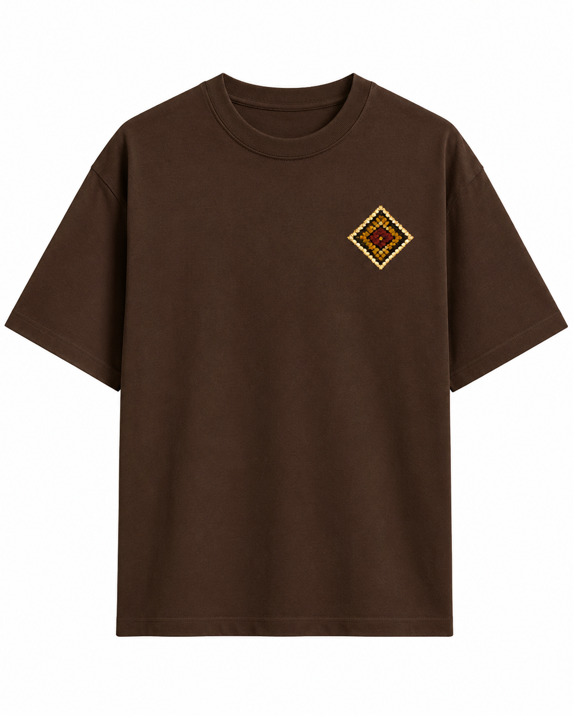 A dark brown short-sleeve crewneck t-shirt with a small diamond-shaped embroidered patch on the left chest, displayed against a solid white background.