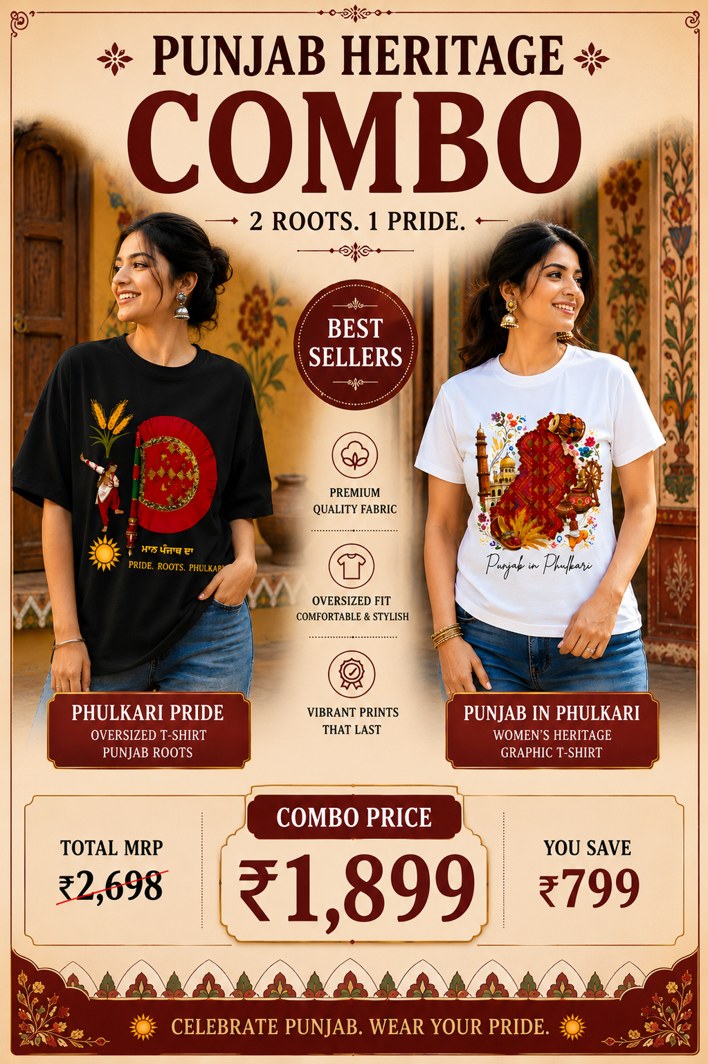 Punjab Heritage Combo Bundle featuring Phulkari Pride and Punjab in Phulkari graphic t-shirts