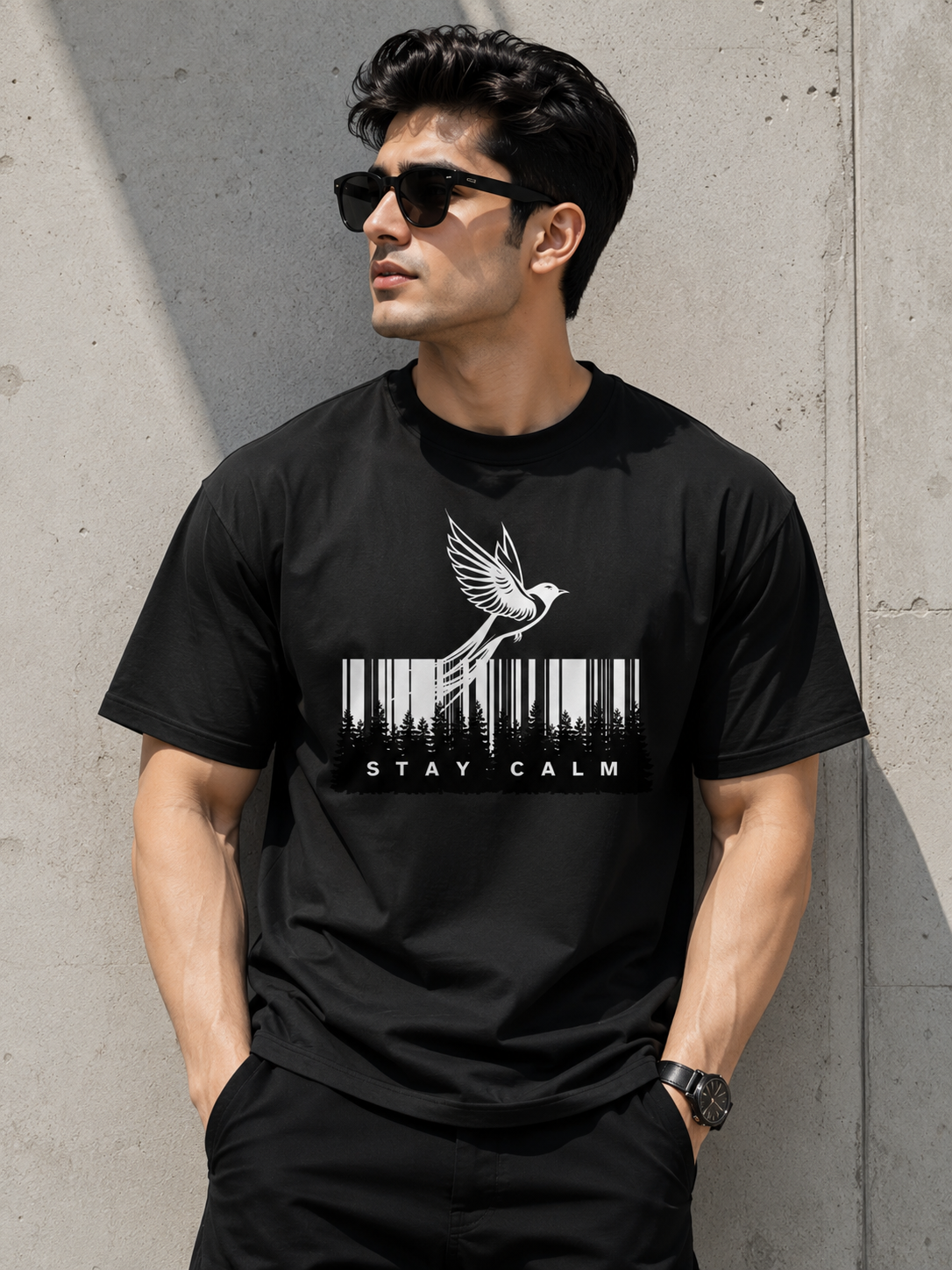 A man wearing a black crewneck t-shirt with a white graphic of a bird flying over a barcode and the text 'STAY CALM', posed against a concrete wall.