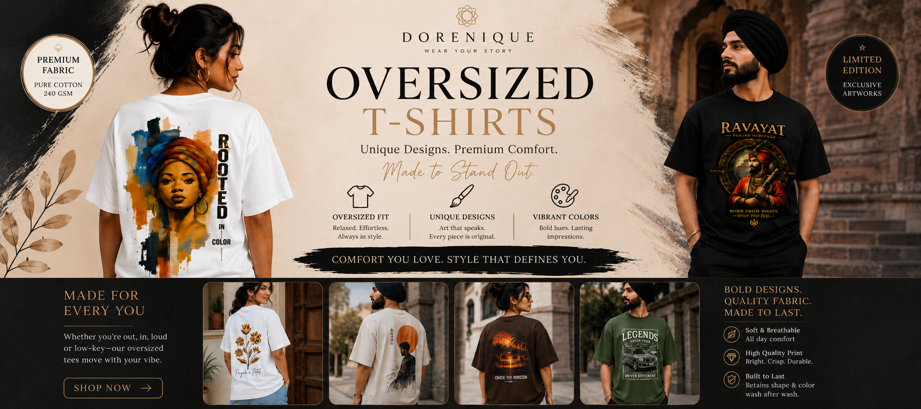 Promotional banner for oversized t-shirts with models wearing shirts and text about product features.
