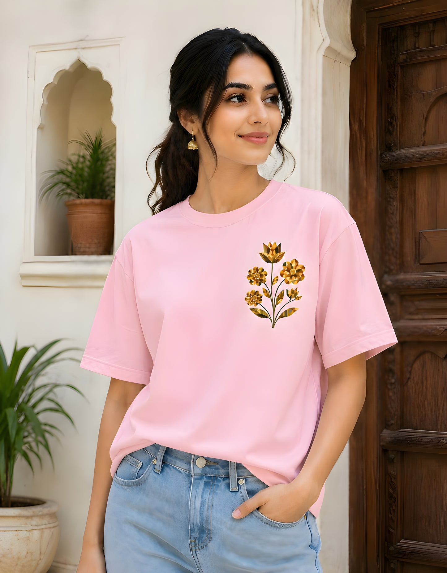 Phulkari inspired floral graphic oversized tee