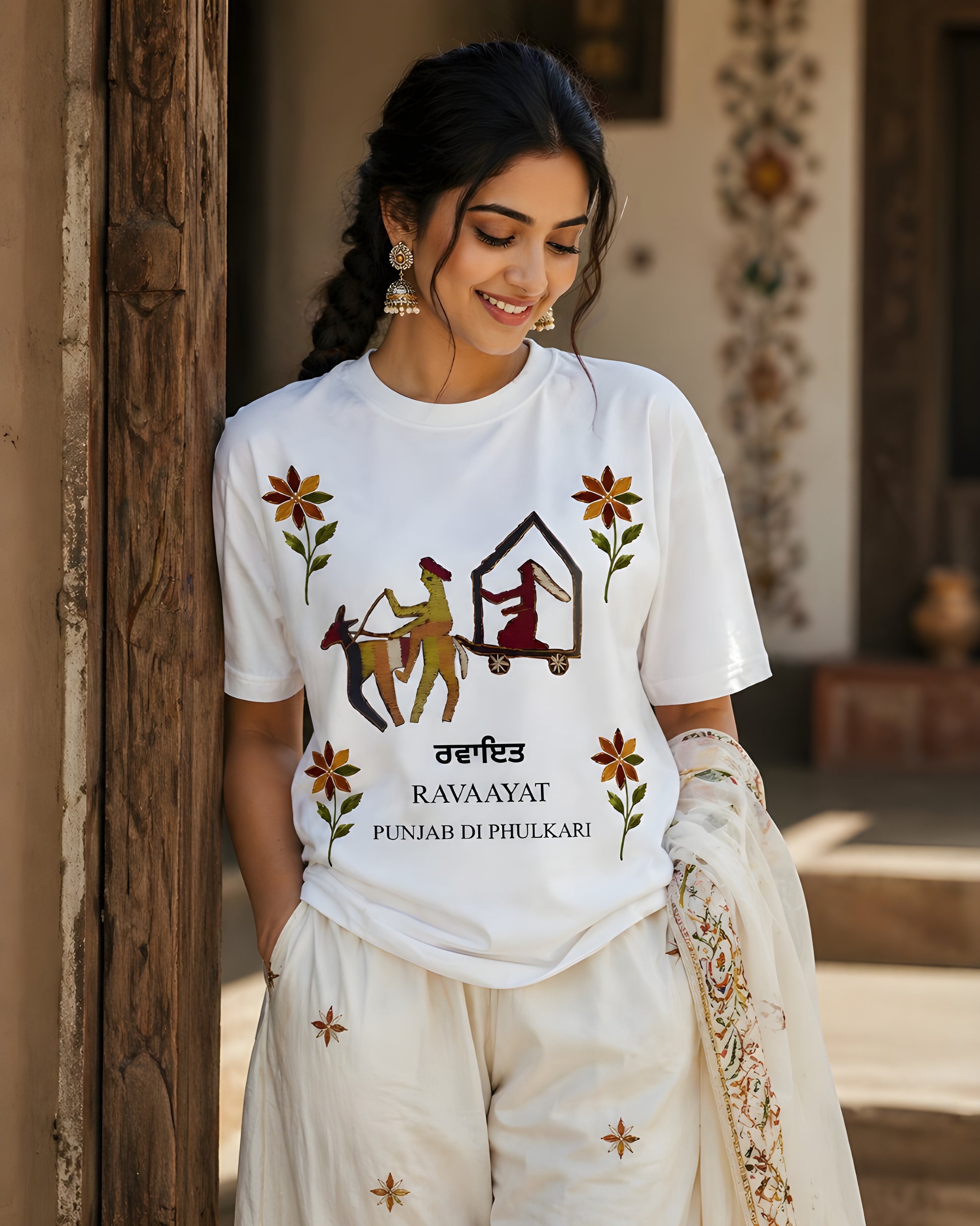 Phulkari inspired white graphic tshirt women