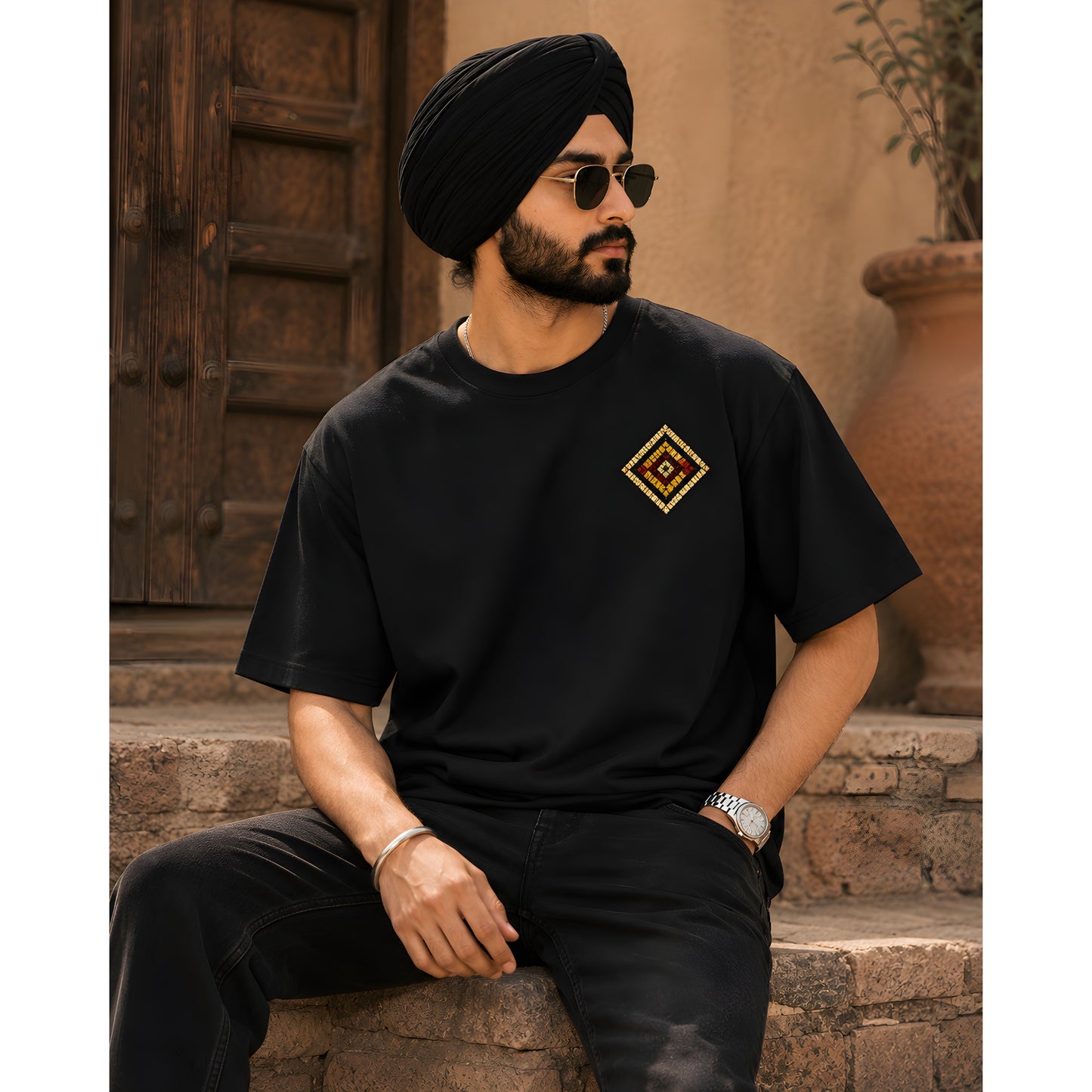 Punjabi heritage oversized t-shirt featuring vintage Phulkari car artwork