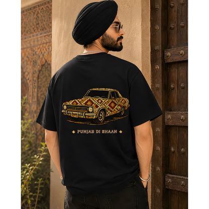 Punjab Di Shaan oversized black t-shirt with Phulkari car graphic back print