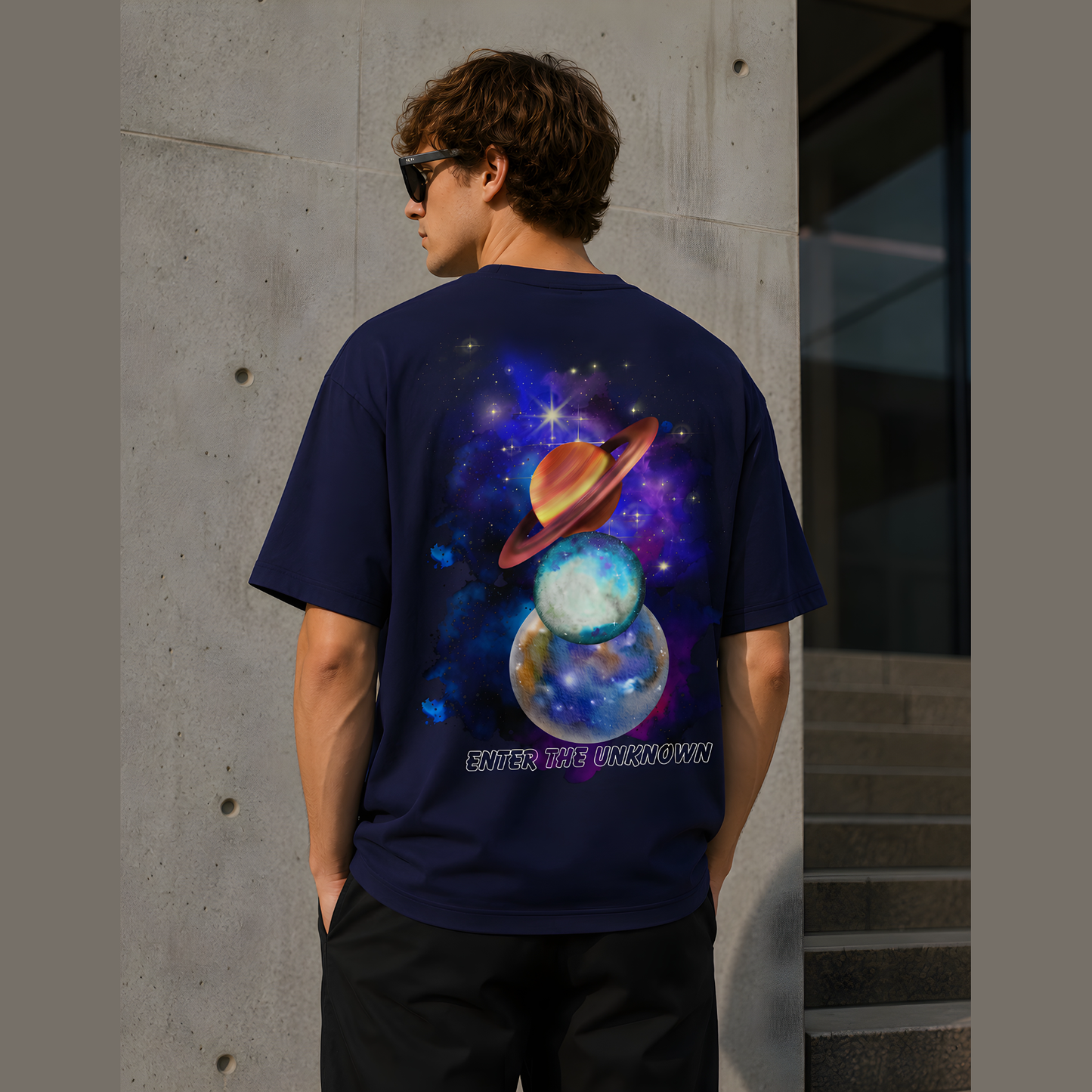 Explore Beyond oversized navy blue space graphic t-shirt front view