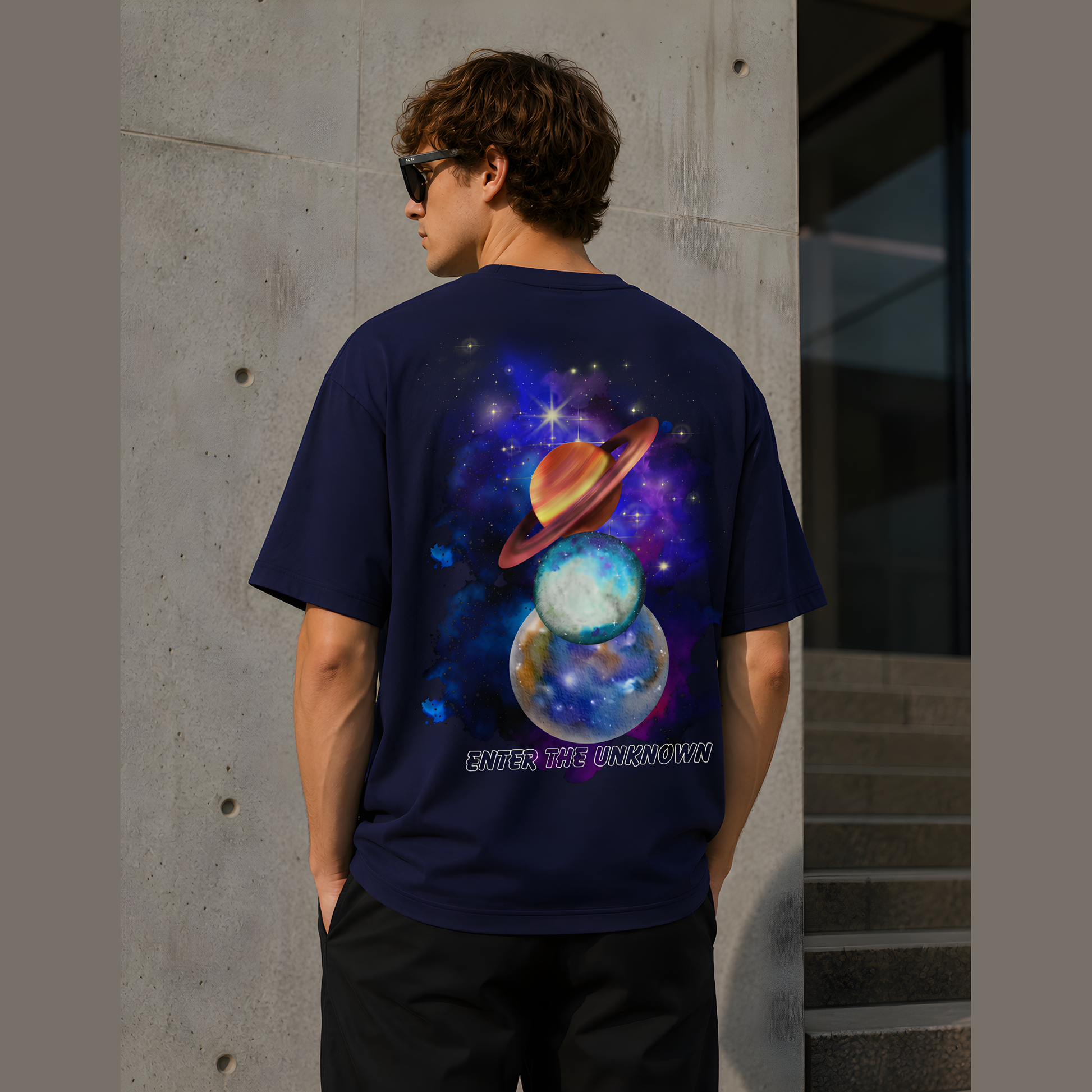 Explore Beyond oversized navy blue space graphic t-shirt front view