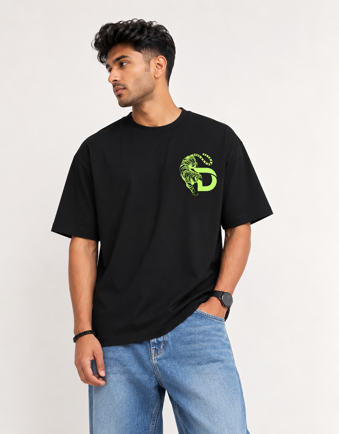 Neon Tiger Oversized Black T-Shirt for Men featuring bold green tiger graphic print on back