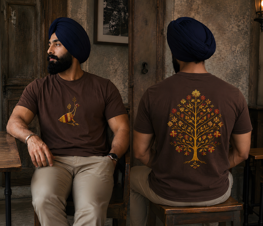 A man wearing a dark brown t-shirt with a golden tree of life graphic on the back and a matching small chest print, paired with beige trousers and a navy blue turban, shown in both front and back views in a rustic indoor setting.