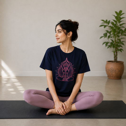 Women's Navy Blue Yoga Mandala Oversized T-Shirt Sitting Yoga Pose | Dorenique