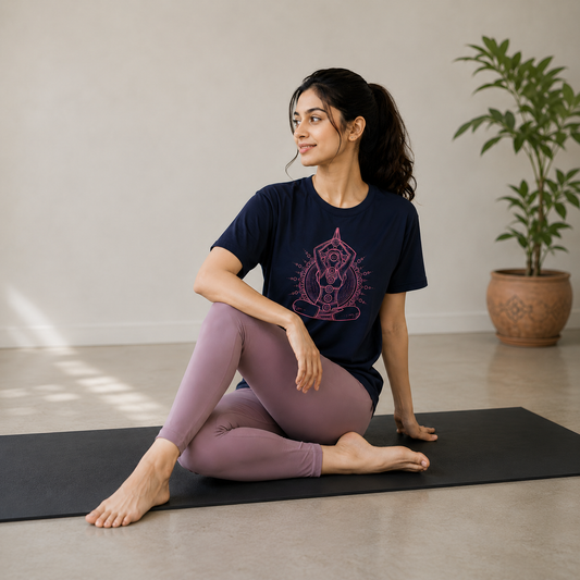 Woman Wearing Navy Yoga Mandala Graphic Oversized T-Shirt During Meditation | Dorenique