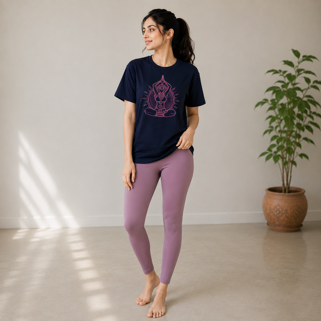 Navy Blue Oversized Yoga Mandala Graphic T-Shirt Front View for Women | Dorenique
