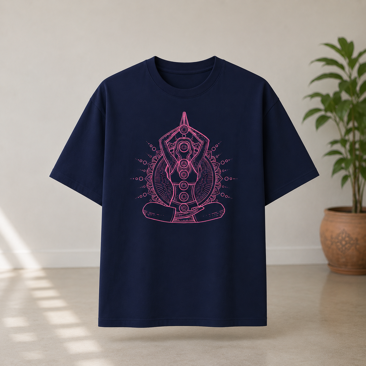 Women's Navy Oversized Spiritual Yoga Graphic T-Shirt Lifestyle Fashion Look | Dorenique